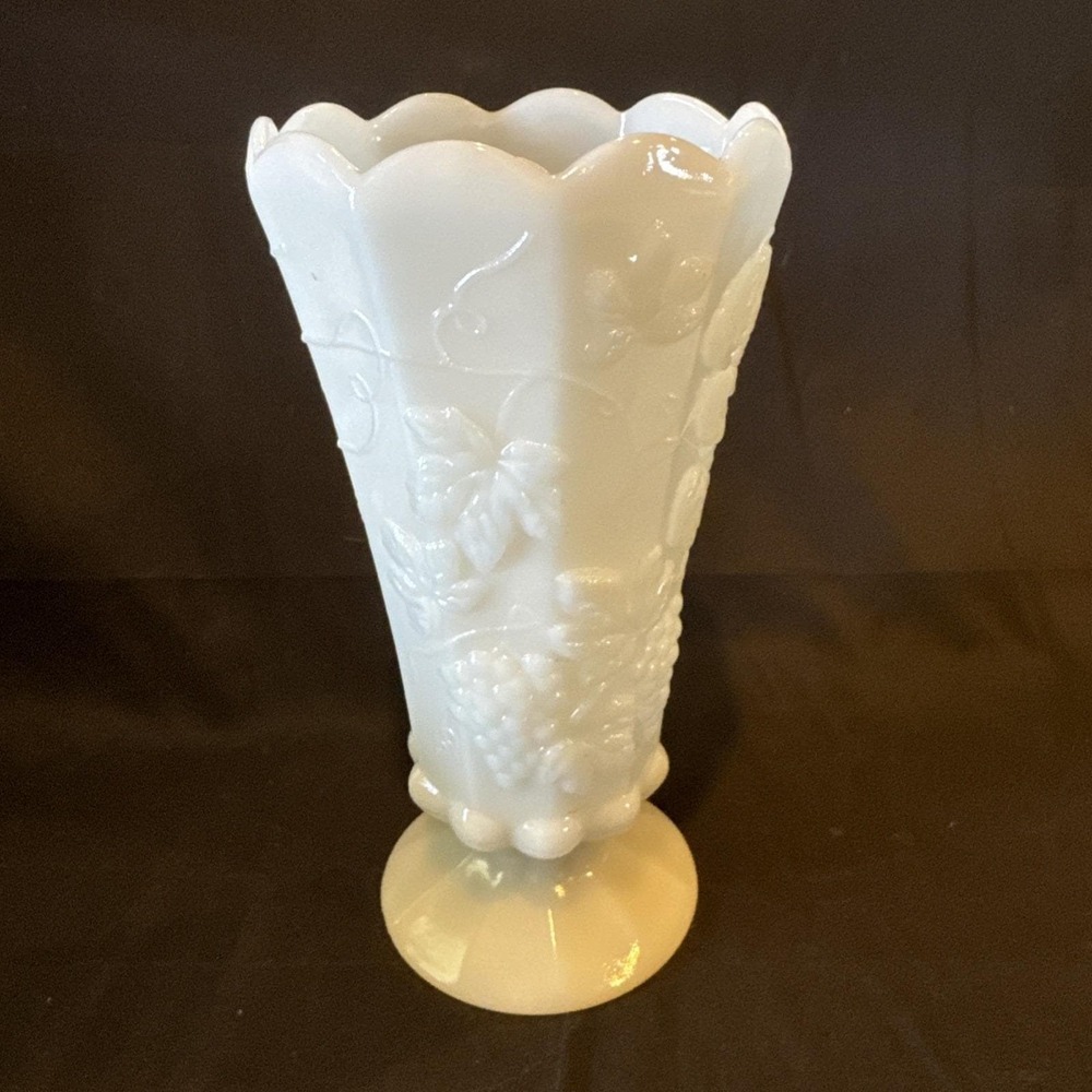Vtg Pedestal Scalloped Edge Milk Glass Paneled Vase Grapes Motif,  9" Tall